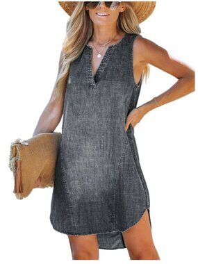 Cupshe Women's Denim V-Neck Mini Dress Sleeveless Dresses V Neck Dressing Casual